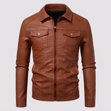 Men's Faux Leather Zip Trucker Jacket with Flap Pockets, Cognac, studio front