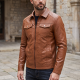 Men's Faux Leather Zip Trucker Jacket with Flap Pockets, Cognac, three-quarter lifestyle