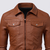 Men's Faux Leather Zip Trucker Jacket with Flap Pockets, Cognac, collar detail