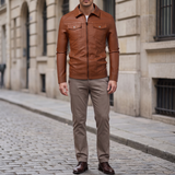 Men's Faux Leather Zip Trucker Jacket with Flap Pockets, Cognac, full-body lifestyle