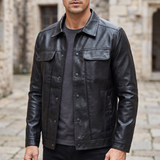 Men's Faux Leather Snap-Front Trucker Jacket, Black, three-quarter lifestyle