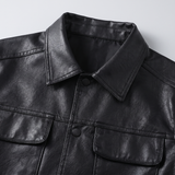 Men's Faux Leather Snap-Front Trucker Jacket, Black, collar detail