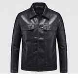 Men's Faux Leather Snap-Front Trucker Jacket, Black, studio front