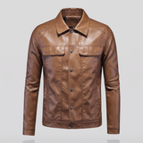 Men's Faux Leather Snap-Front Trucker Jacket, Tan, studio front