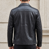 Men's Faux Leather Snap-Front Trucker Jacket, Black, rear on model