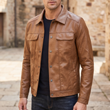 Men's Faux Leather Snap-Front Trucker Jacket, Tan, three-quarter lifestyle