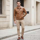 Men's Faux Leather Snap-Front Trucker Jacket, Tan, full-body lifestyle