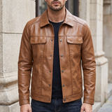 Men's Faux Leather Snap-Front Trucker Jacket, Tan, front lifestyle