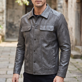 Men's Faux Leather Snap-Front Trucker Jacket, Gray, three-quarter lifestyle