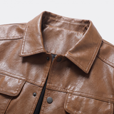 Men's Faux Leather Snap-Front Trucker Jacket, Tan, collar detail