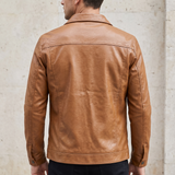 Men's Faux Leather Snap-Front Trucker Jacket, Tan, rear on model