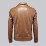 Men's Faux Leather Snap-Front Trucker Jacket, Tan, studio rear