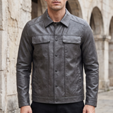 Men's Faux Leather Snap-Front Trucker Jacket, Gray, front lifestyle