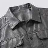 Men's Faux Leather Snap-Front Trucker Jacket, Gray, collar detail
