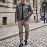 Men's Faux Leather Snap-Front Trucker Jacket, Gray, full-body lifestyle