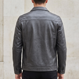 Men's Faux Leather Snap-Front Trucker Jacket, Gray, rear on model