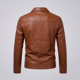 Men's Faux Leather Zip Trucker Jacket with Flap Pockets, Cognac, studio rear
