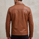 Men's Faux Leather Zip Trucker Jacket with Flap Pockets, Cognac, rear on model