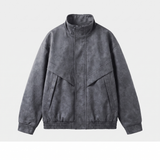 Men's Suede-Effect Zip Bomber Jacket with Stand Collar, Charcoal, studio front