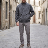 Men's Suede-Effect Zip Bomber Jacket with Stand Collar, Charcoal, full-body lifestyle