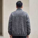 Men's Suede-Effect Zip Bomber Jacket with Stand Collar, Charcoal, rear on model