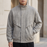 Men's Suede-Effect Zip Bomber Jacket with Stand Collar, Stone, front lifestyle