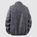 Men's Suede-Effect Zip Bomber Jacket with Stand Collar, Charcoal, studio rear