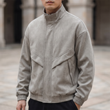 Men's Suede-Effect Zip Bomber Jacket with Stand Collar, Stone, three-quarter lifestyle