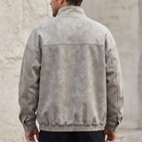 Men's Suede-Effect Zip Bomber Jacket with Stand Collar, Stone, rear on model