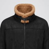 Men's Longline Fleece-Trim Jacket with Buckle Cuffs, Black, collar detail