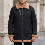 Men's Longline Fleece-Trim Jacket with Buckle Cuffs, Black, front lifestyle