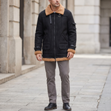 Men's Longline Fleece-Trim Jacket with Buckle Cuffs, Black, full-body lifestyle