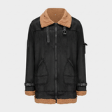 Men's Longline Fleece-Trim Jacket with Buckle Cuffs, Black, studio front