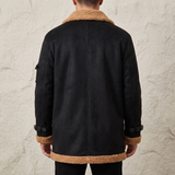 Men's Longline Fleece-Trim Jacket with Buckle Cuffs, Black, rear on model