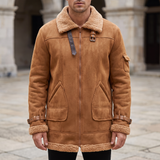 Men's Longline Fleece-Trim Jacket with Buckle Cuffs, Tan, three-quarter lifestyle