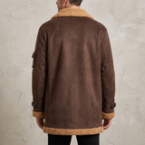Men's Longline Fleece-Trim Jacket with Buckle Cuffs, Coffee, rear on model