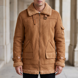 Men's Longline Fleece-Trim Jacket with Buckle Cuffs, Tan, front lifestyle