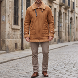 Men's Longline Fleece-Trim Jacket with Buckle Cuffs, Tan, full-body lifestyle