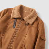 Men's Longline Fleece-Trim Jacket with Buckle Cuffs, Tan, collar detail