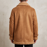 Men's Longline Fleece-Trim Jacket with Buckle Cuffs, Tan, rear on model