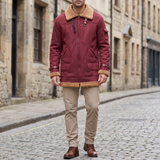 Men's Longline Fleece-Trim Jacket with Buckle Cuffs, Burgundy, full-body lifestyle