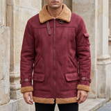 Men's Longline Fleece-Trim Jacket with Buckle Cuffs, Burgundy, front lifestyle