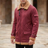 Men's Longline Fleece-Trim Jacket with Buckle Cuffs, Burgundy, three-quarter lifestyle
