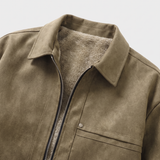 Men's Fleece-Lined Suede-Effect Bomber Jacket, Brown, collar detail