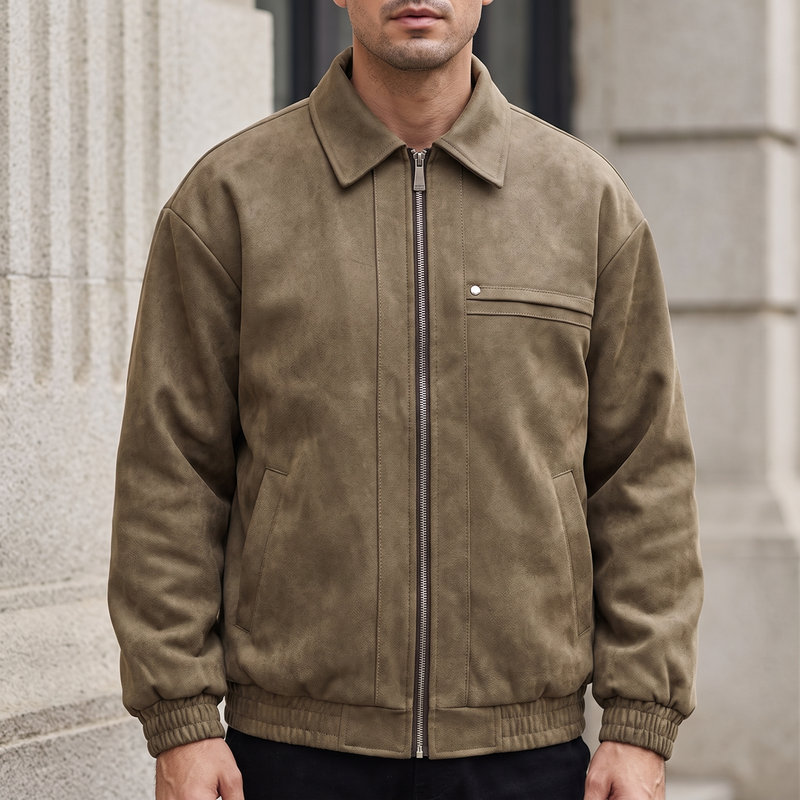 Men's Fleece-Lined Suede-Effect Bomber Jacket, Brown, front lifestyle