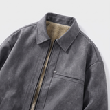 Men's Fleece-Lined Suede-Effect Bomber Jacket, Charcoal, collar detail