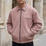Men's Fleece-Lined Suede-Effect Bomber Jacket, Dusty Pink, front lifestyle