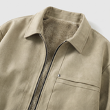 Men's Fleece-Lined Suede-Effect Bomber Jacket, Beige, collar detail