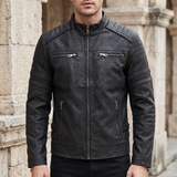 Men's Fleece-Lined Faux Leather Moto Jacket with Quilted Panels, Black, front lifestyle