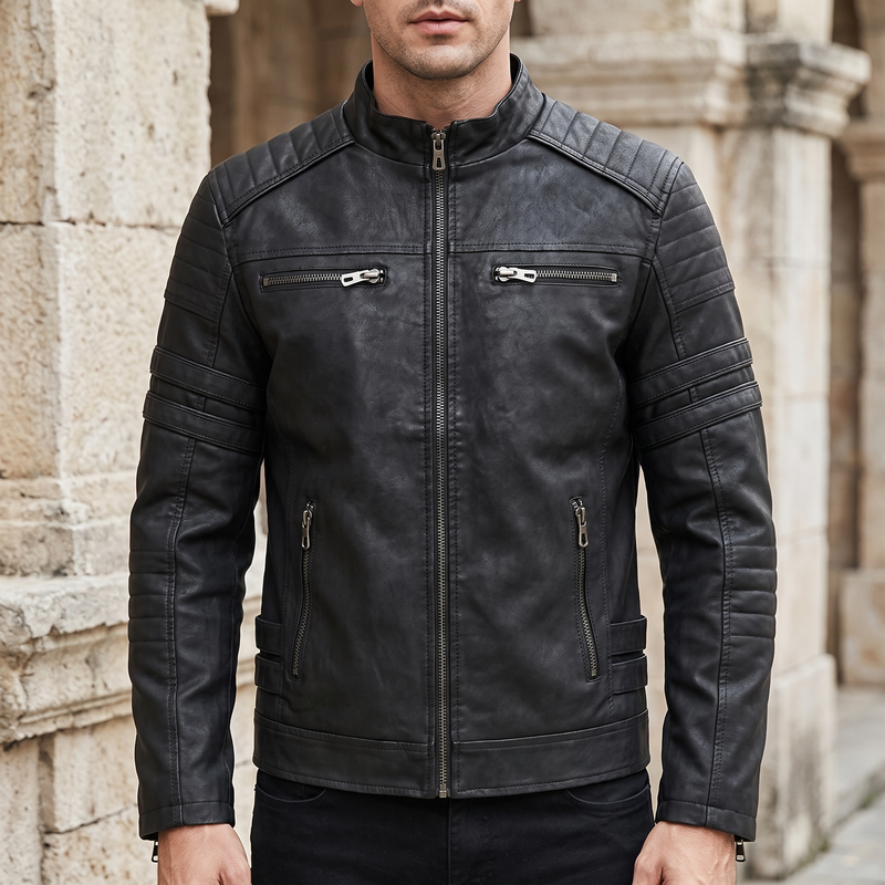 Men's Fleece-Lined Faux Leather Moto Jacket with Quilted Panels, Black, front lifestyle